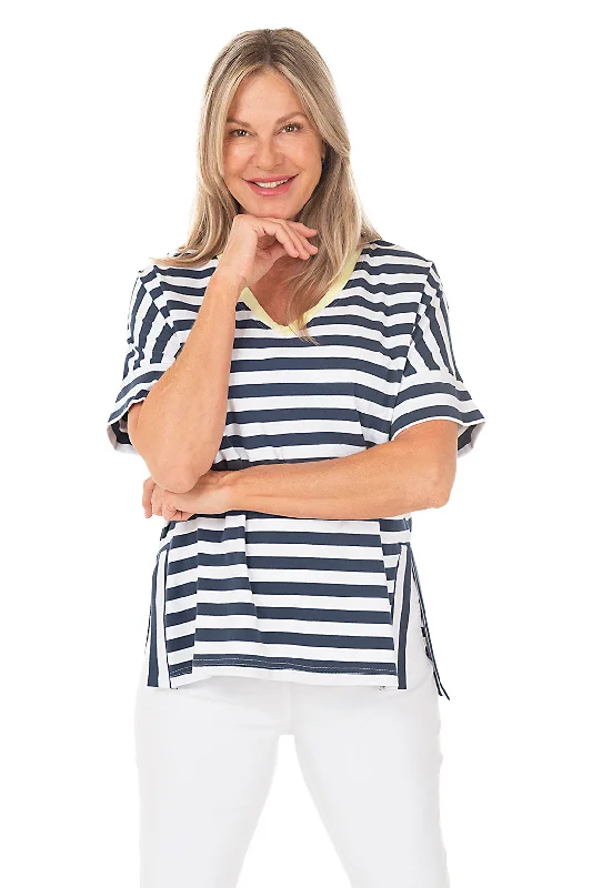 Navy Striped Contrast V-Neck Tee