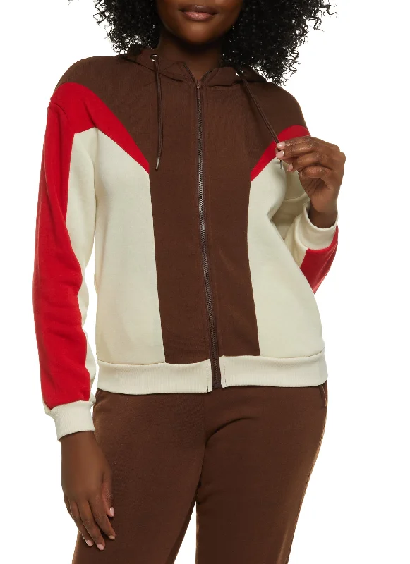 Fleece Color Block Zip Front Hoodie