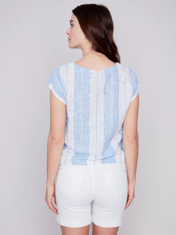 Printed Front Tie Top - Blue