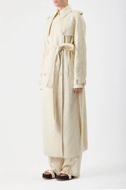 Eithne Trench Coat in Ivory Silk Virgin Wool Slub