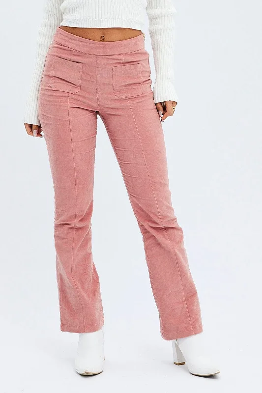 Pink Flare Leg Pants High Rise Corduroy