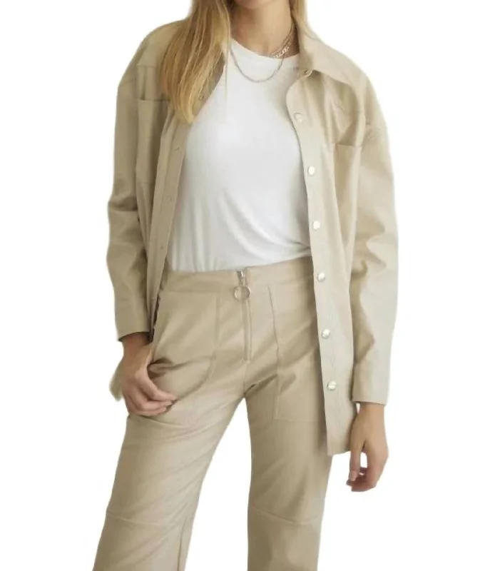 Button Down Faux Leather Shacket In Beige