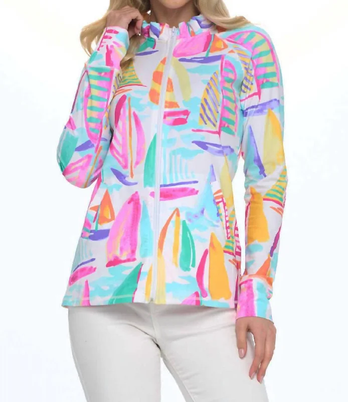 Marcia Ruffle Neck Sailboat Print Jacket In Multi