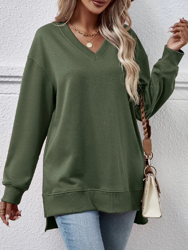 Solid Color And V-neck Split Front Short Back Long Sweater