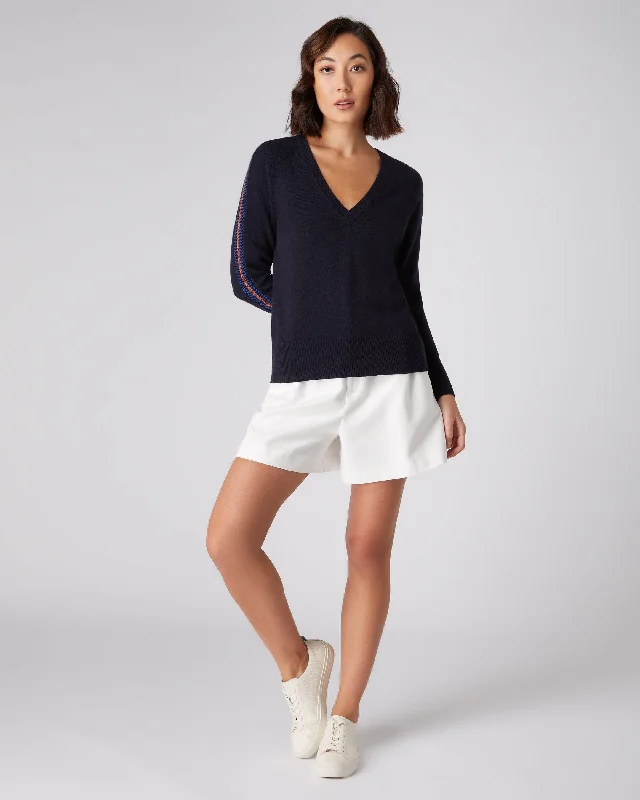 Women's Jacquard Detail Classic V Neck Cashmere Sweater Navy Blue