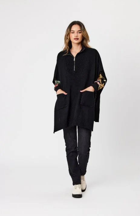 Zip Neck Poncho - Black