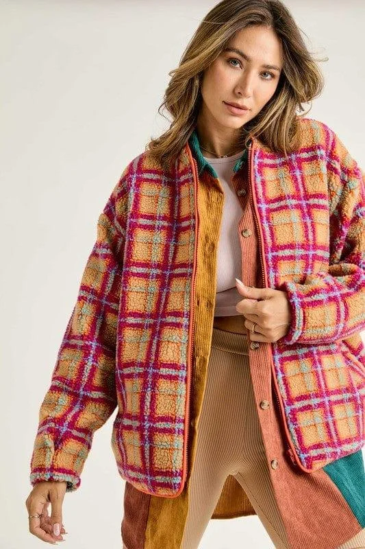 Women's Magenta Orange Plaid fleece zip up jacket