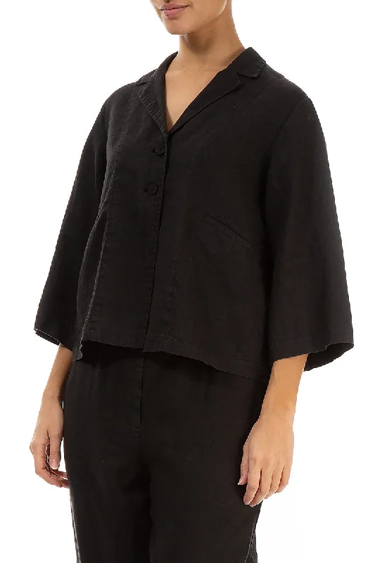 Notched Collar Black Linen Jacket