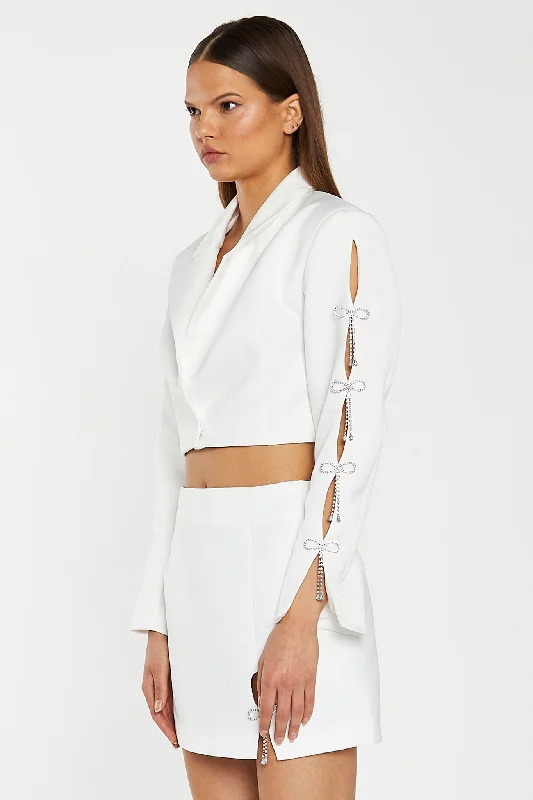 Off-White Satin Diamante Bow Crop-Blazer