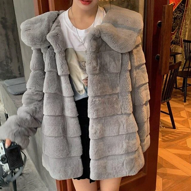 Thick Winter Warm Fashion Women's Solid Real Rabbit Fur Coats & Jackets