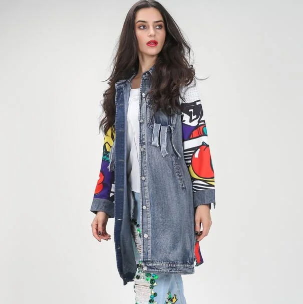 [TWOTWINSLTYLE] Spring Graffiti Print Spliced Ripped Pockets Long Sleeve Denim Trench Coat For Women New Clothing Streetwear