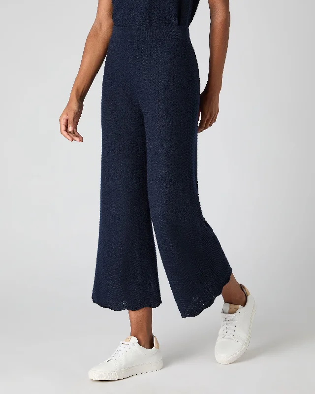 Women's Wave Stitch Cashmere Silk Pants Navy Blue