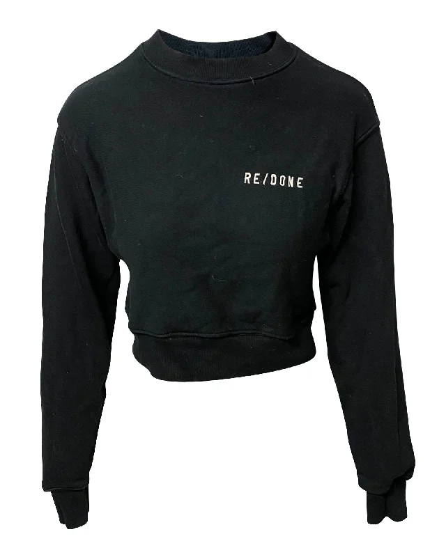 Re/done Cropped Crewneck Sweatshirt in Black Cotton