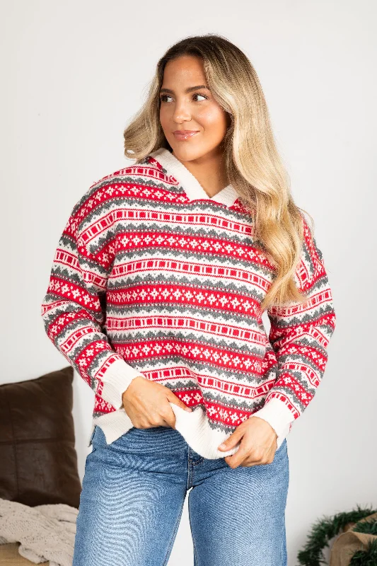 Red and Ivory Fair Isle Hoodie Sweater