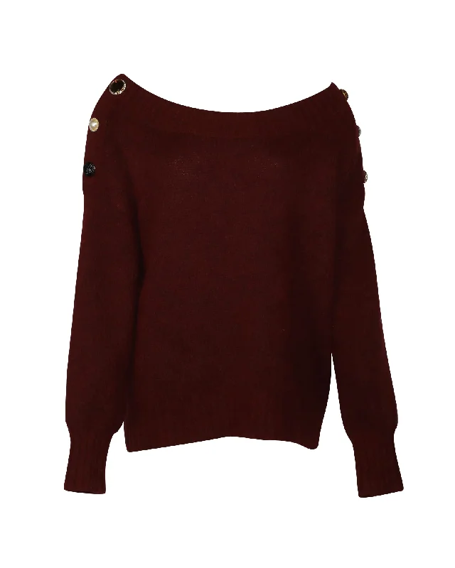 Veronica Beard Chase Off Shoulder Sweater in Burgundy Alpaca Wool