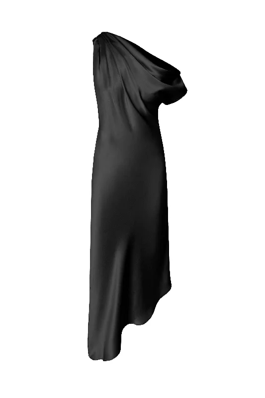 Asymmetric Draped Shoulder Full Length Dress - Black