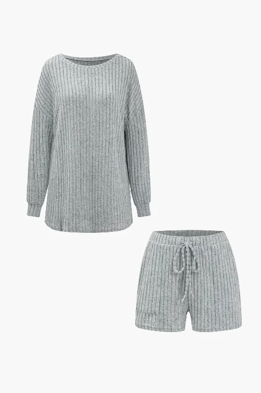 Ribbed Knit Top And Drawstring Shorts Set