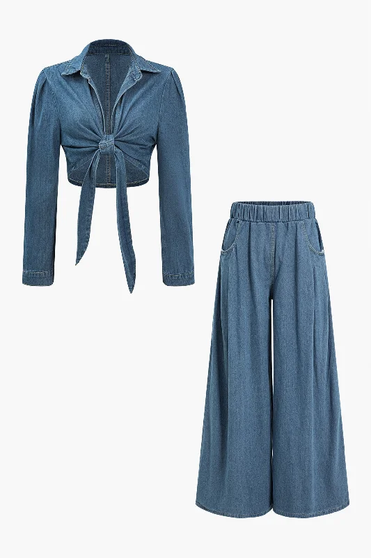 Solid Denim Tie Front Long Sleeve Top And Wide Leg Jeans Set