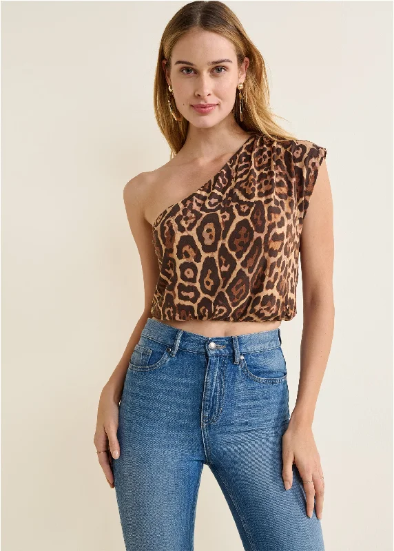 One-Shoulder Crop Top - Brown & Black