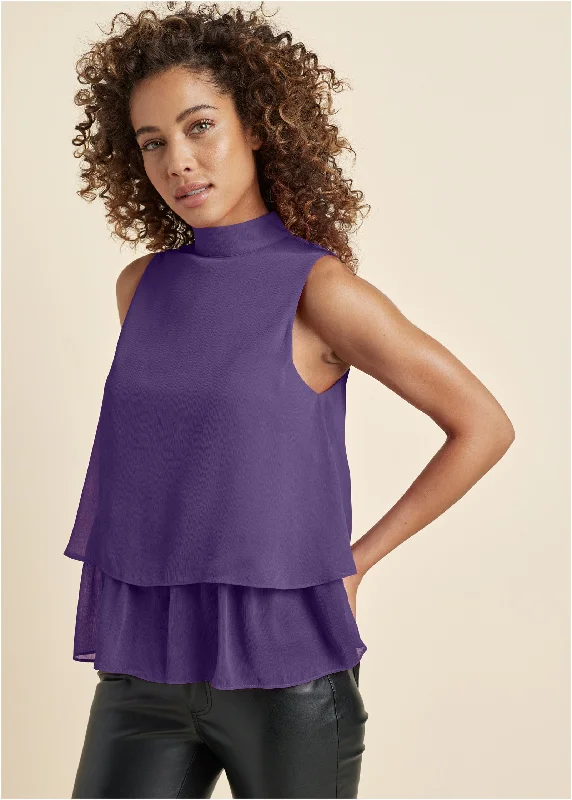 Mock Neck Tiered Top - Dark Purple