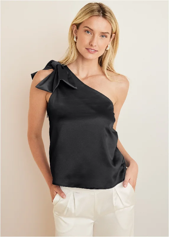 Bow Detail One-Shoulder Top - Black