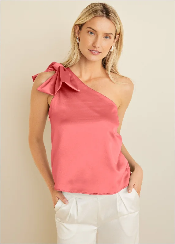 Bow Detail One-Shoulder Top - Coral