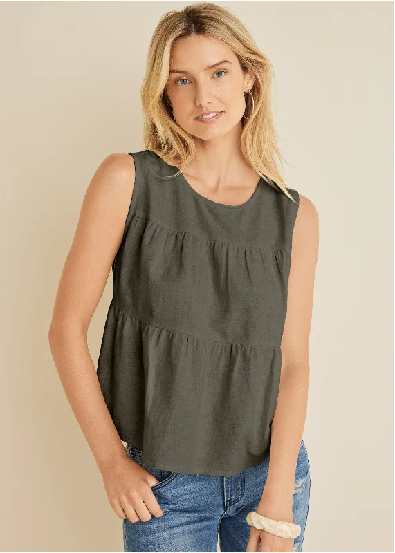 Linen Tiered Tank Top - Olive