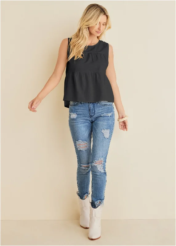 Linen Tiered Tank Top - Black