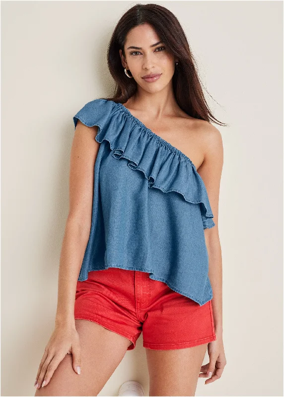 Chambray Ruffle Top - Medium Wash