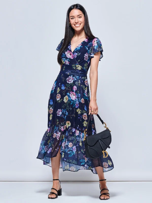 Carleigh Printed Mesh Tiered Maxi Dress, Navy Floral