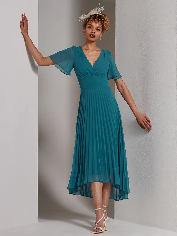 Elene Pleated High Low Chiffon Maxi Dress, Teal