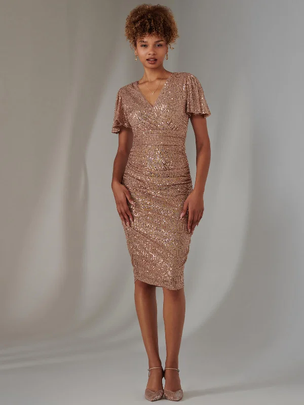 Flare Sleeve Ruched Sequin Dress, Bronze