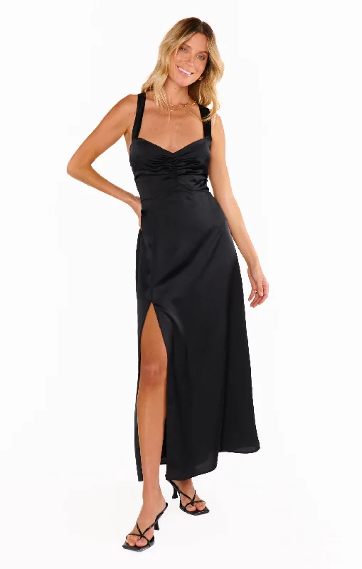 Mina Midi Dress ~ Black Luxe Satin