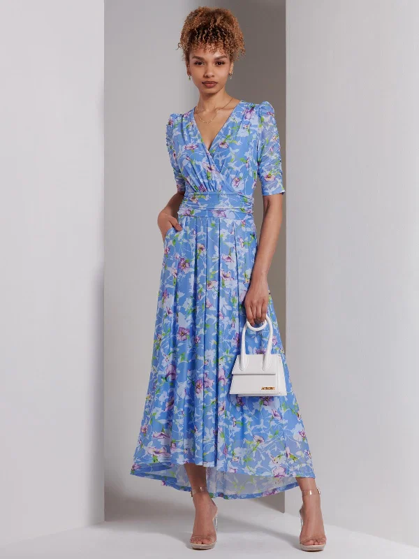 Print Dip Hem Mesh Maxi Dress, Blue Floral