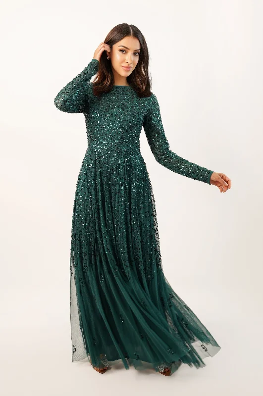 Sila Long Sleeve Embellished Maxi Dress in Emerald Green