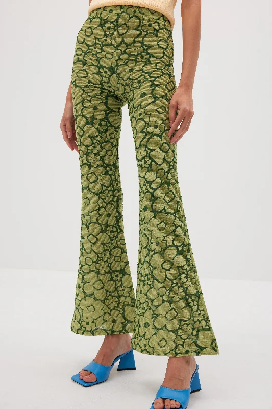 Drawing Print Flared Pants, Pea Green