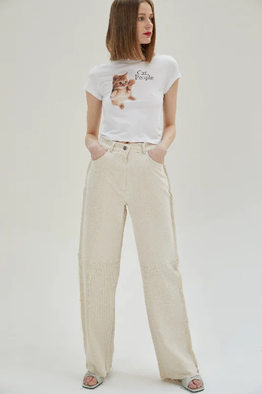 Raw Edge Linen Paneled Pants, Creme