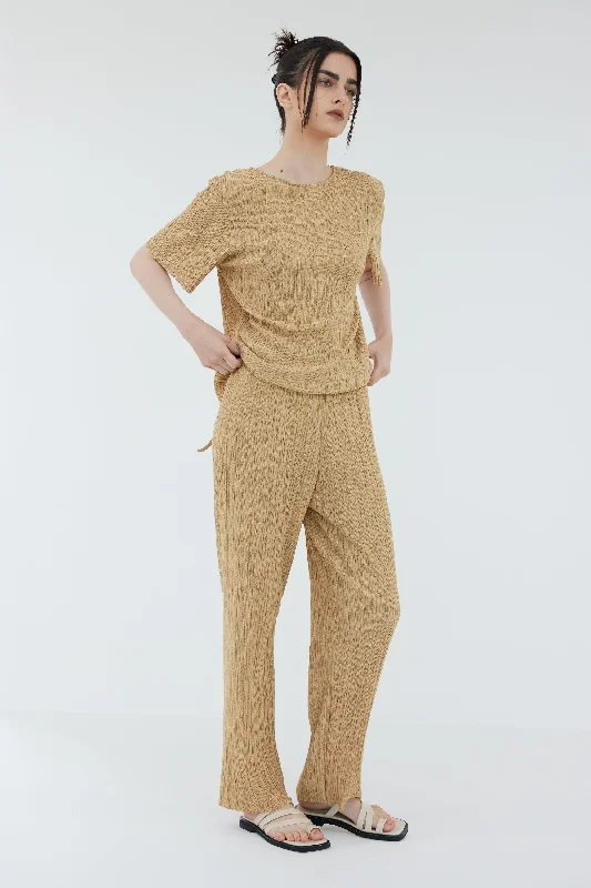 Relaxed Plissé Pants, Biscotti Melange