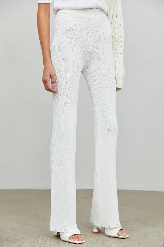 Full Length Frayed Hem Knit Pants, Chiffon