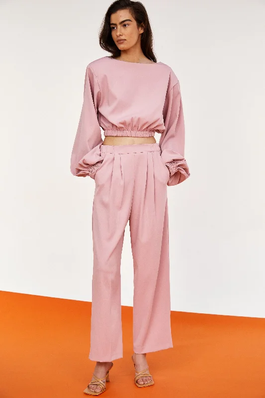 Padded Shoulder Plush Blouse And Pants Set, Powder Rose