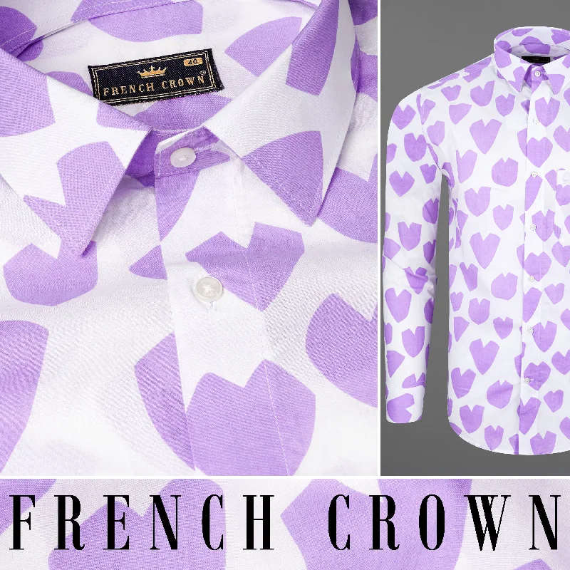 Bright White and Mauve Heart Printed Premium Cotton Shirt