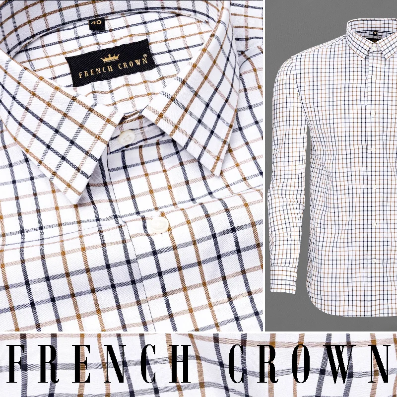 Bright White and Potters Brown Checkered Premium Cotton Shirt