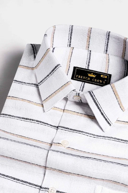 Bright White with Brandy Brown and Black Striped Dobby Textured Premium Giza Cotton Shirt