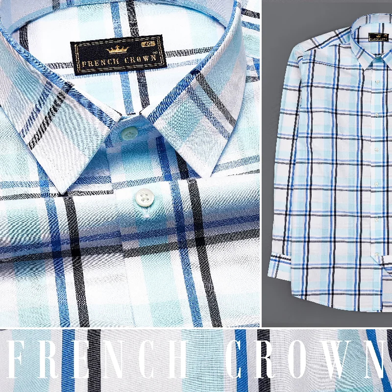 Bright White with Coral Aqua Blue and Black Plaid Premium Cotton Shirt