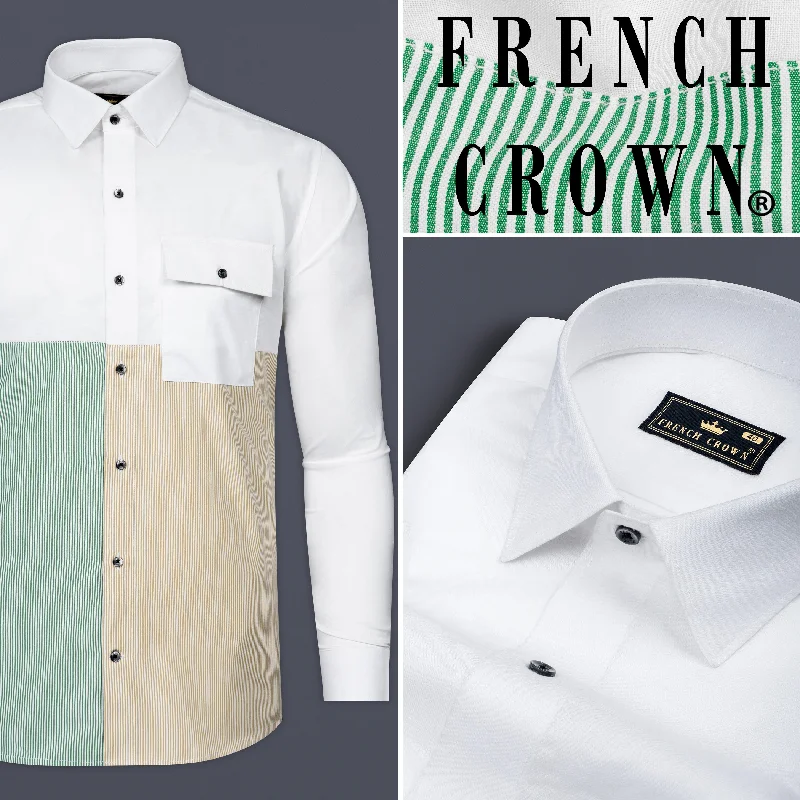 Bright White with Green and Yellow Striped Super Soft Premium Giza Cotton Designer Shirt