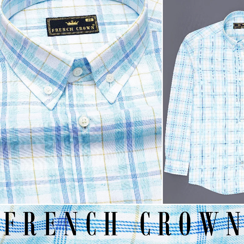 Bright White with Sapphire Blue Plaid Premium Cotton Shirt