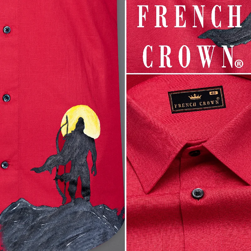 Carmine Red Lord Ram Hand Painted Luxurious Linen Designer Shirt