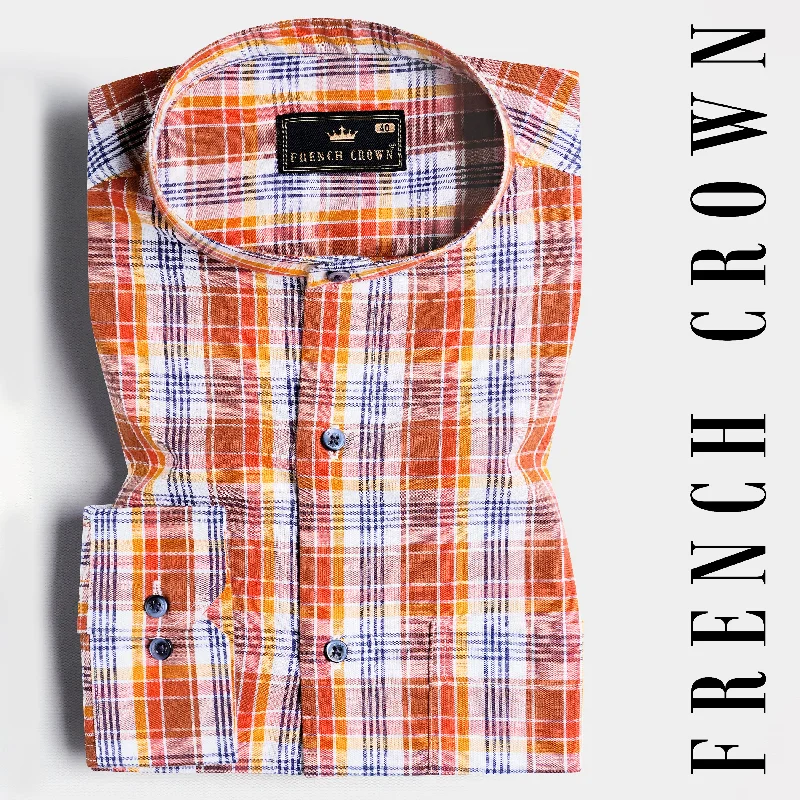 Cognac Brown and White Multicolour Checkered Premium Cotton Shirt