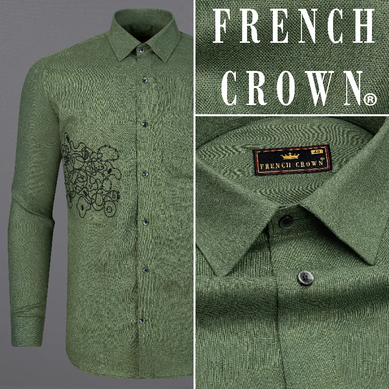 Flint Green with Black Embroidered Linen Designer Shirt