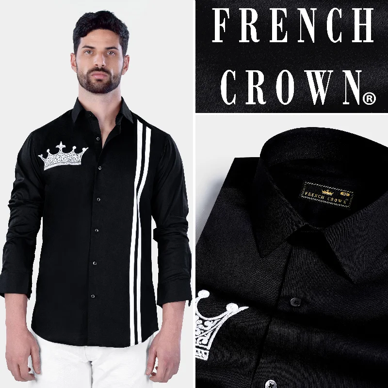 Jade Black Crown Embroidered with Dual Striped Subtle Sheen Super Soft Premium Cotton Designer Shirt